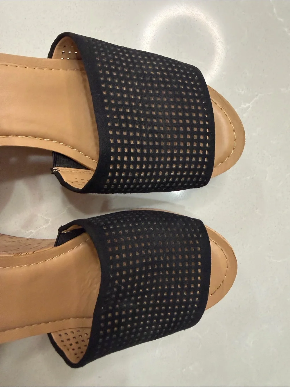 Franco Sarto Carissa Black Perforated Cork Wedge Sandals Size 8.5